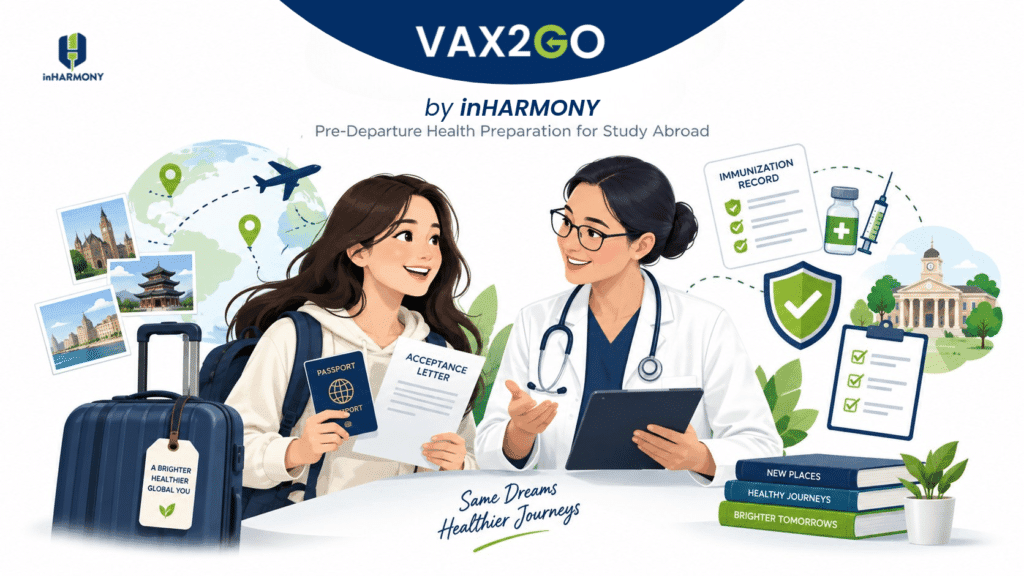 Mahasiswa dengan paspor dan acceptance letter berkonsultasi dengan dokter tentang syarat vaksin kuliah luar negeri di Vax2Go by inHARMONY
